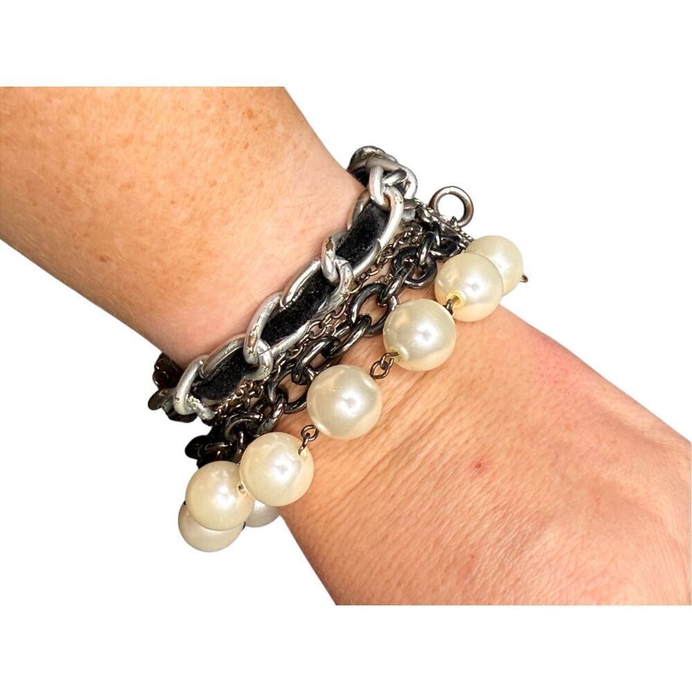 GUESS black and pearl multi strand chain bracelet